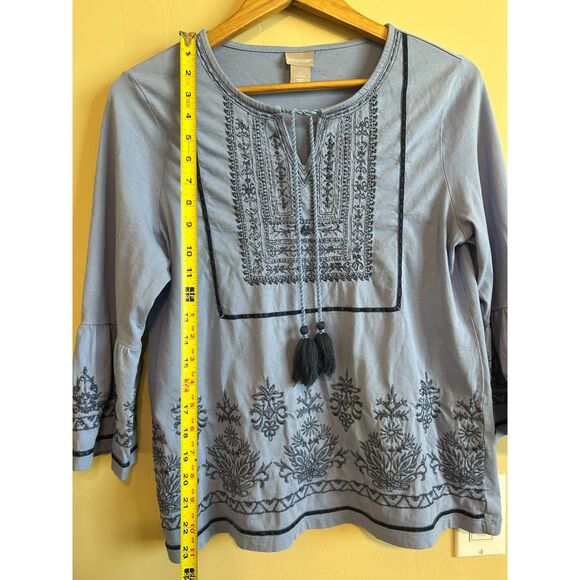 Chico’s Embroidered Peasant Top Tie Tassels 3/4 Bell Sleeve with Beadwork Size 0 - Picture 6 of 8